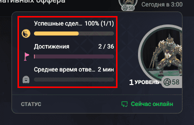 The player info window: level and stats, "Success Trades" and "Avg response time" are circled